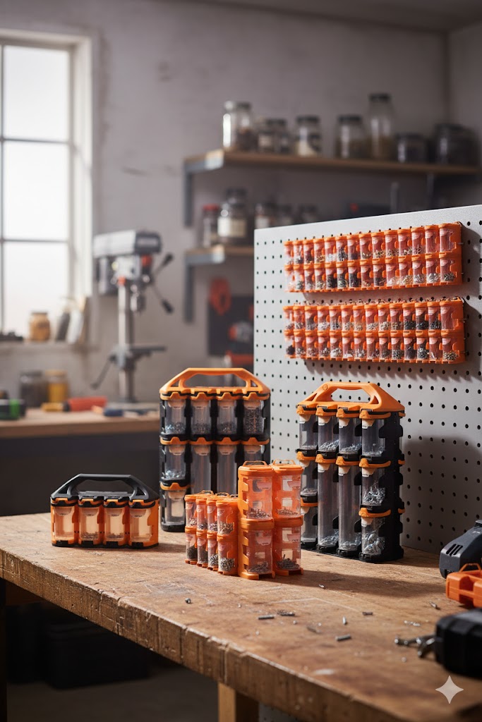 Organizery QuestSystem w warsztacie: Q2L20, Q2x8, Q2 i Q4 na blacie roboczym i ścianie narzędziowej. Tytuł: unnamed (3) Podpis: Różne modele organizerów modułowych QuestSystem, idealne do organizacji warsztatu lub pracowni. Opis: Kompletna prezentacja organizerów QuestSystem, obejmująca Organizer na Długie Elementy Q2L20 z 20 pojemnikami, Przenośny Organizer Q2x8 jako mobilny warsztat, Pojemniki Modułowe Q2 będące fundamentem organizacji, oraz Pojemniki Modułowe Q4 o dużej pojemności i udźwigu 1 kg. Produkty są ukazane w praktycznym środowisku warsztatowym, z niektórymi przymocowanymi do ściany, a innymi ustawionymi na blacie